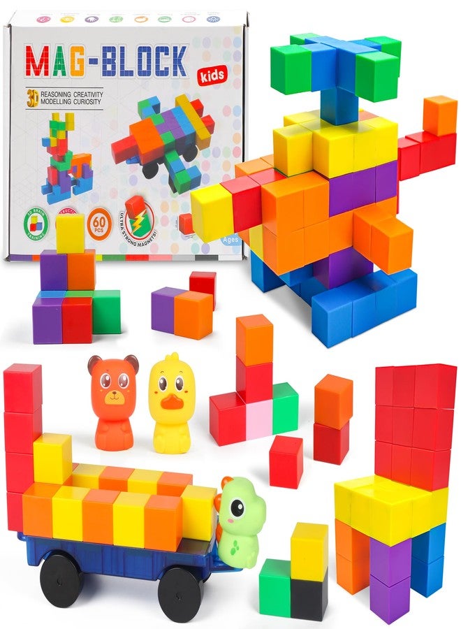 LONEEDY 60-Pack Magnetic Building Block Set with Animal Figures & Magnetic Cart - Magnet Constructions Cubes Educational STEM Toy for Kids 3-8 Years (Color Mixing-60PCS) - Image 1